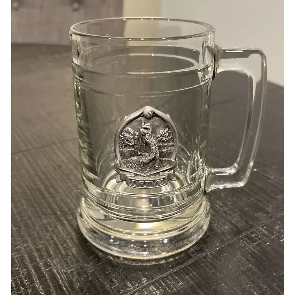 Drive!!Clear Glass Beer Stein Mug Raised Attached Golf Swing Pewter Medallion